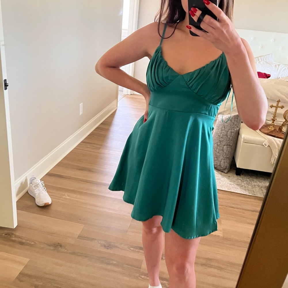 Teal mini dress from a local boutique